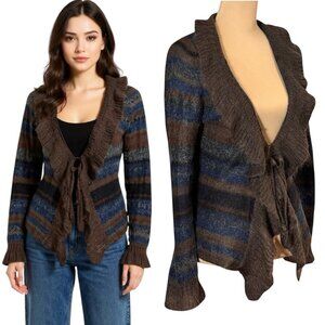 Y2K 90s Mohair Cardigan Sz.M Striped Ruffle Brown Whimsigoth Fairy Grunge Boho